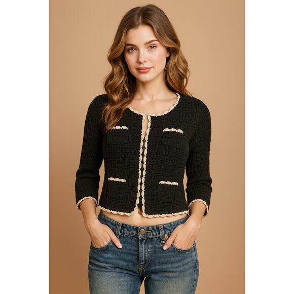 Vintage Y2K Crochet Cropped Cardigan Sweater M Old Money Preppy Office Siren - Picture 1 of 10